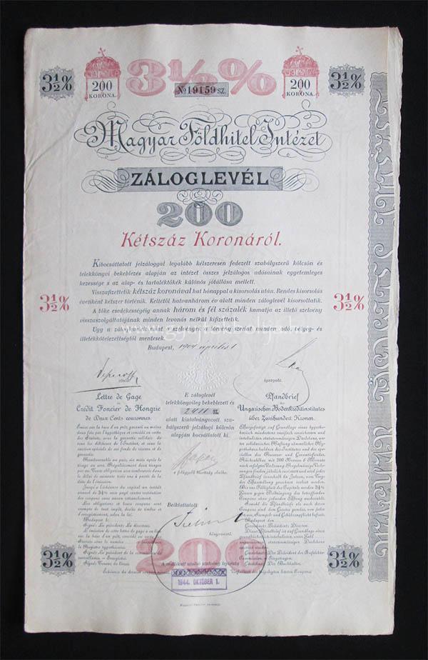 Magyar Fldhitel Intzet 3,5% zloglevl 200 korona 1904